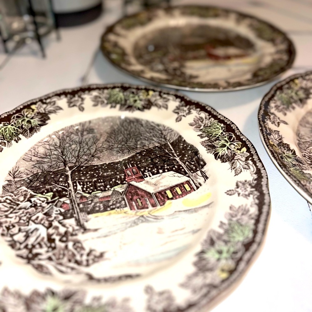 Johnson Brothers Friendly Village School House Brown White Dinner Plate Lot of 3